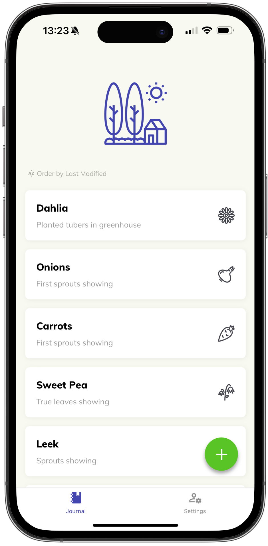 main screen of the app, showing a list of plants with the latest observation against each.